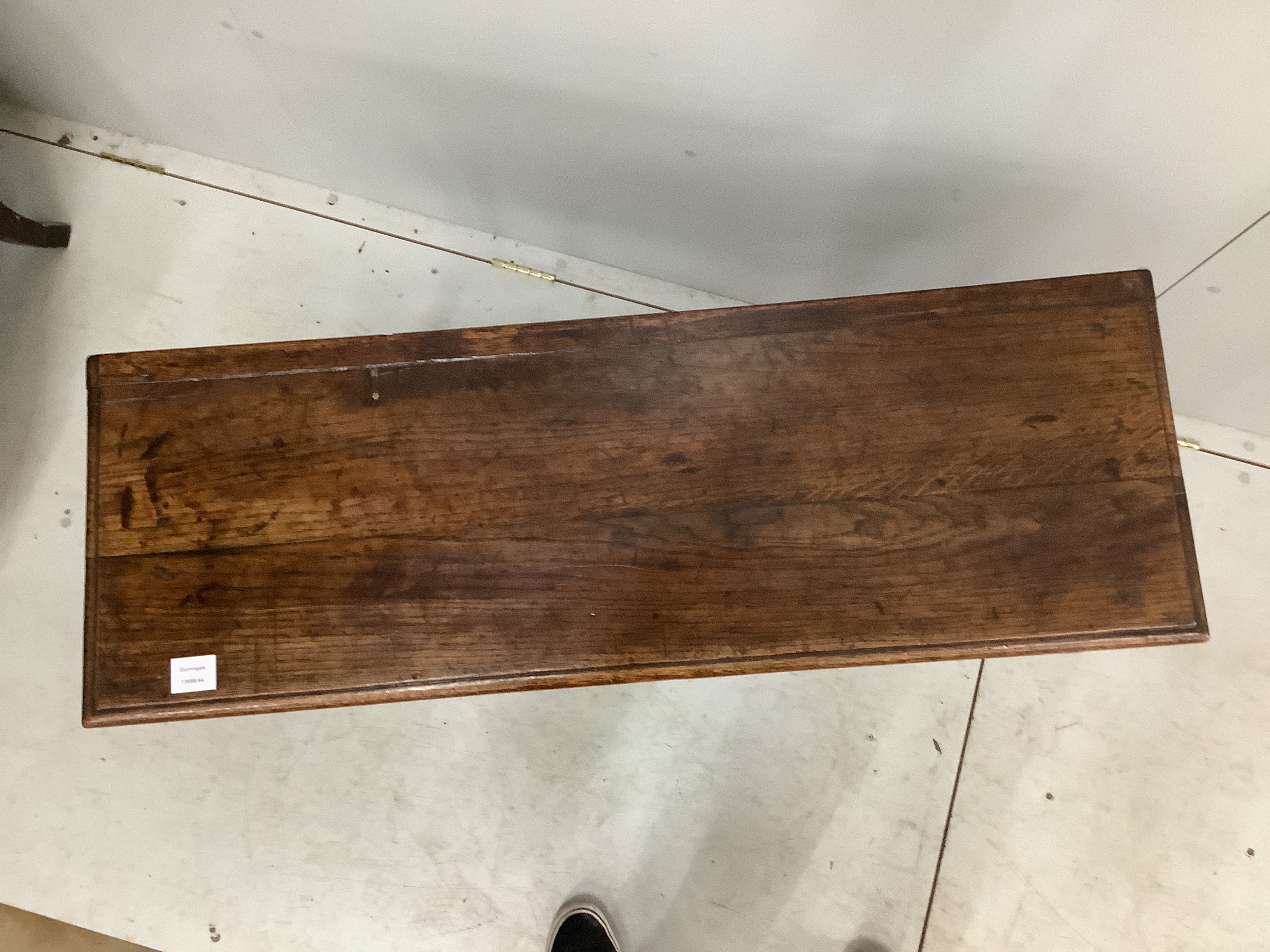 An early 18th century style oak two drawer side table, width 107cm, depth 36cm, height 72cm